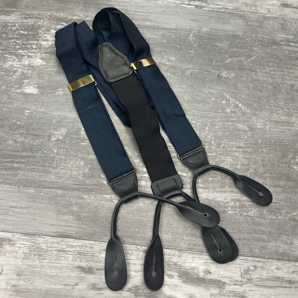 Solid Navy Blue Check Silk Braces Suspenders - image 1